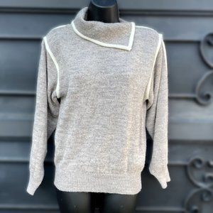 Vintage C&A Women Small Oatmeal White Piping High Neck Sweater Wool Angora Blend